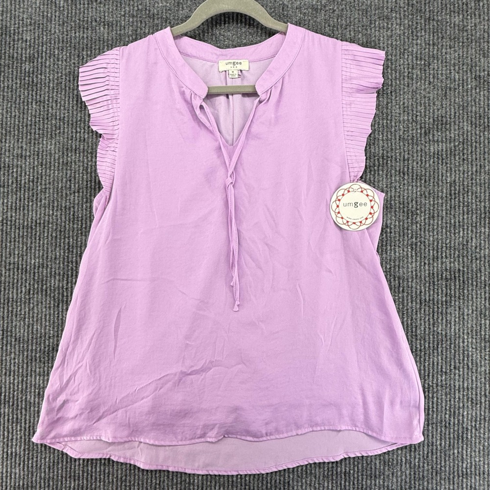 Umgee Blouse Womens Medium Purple New Pleated‎ Ruffle Sleeve Split Neck Tie Top